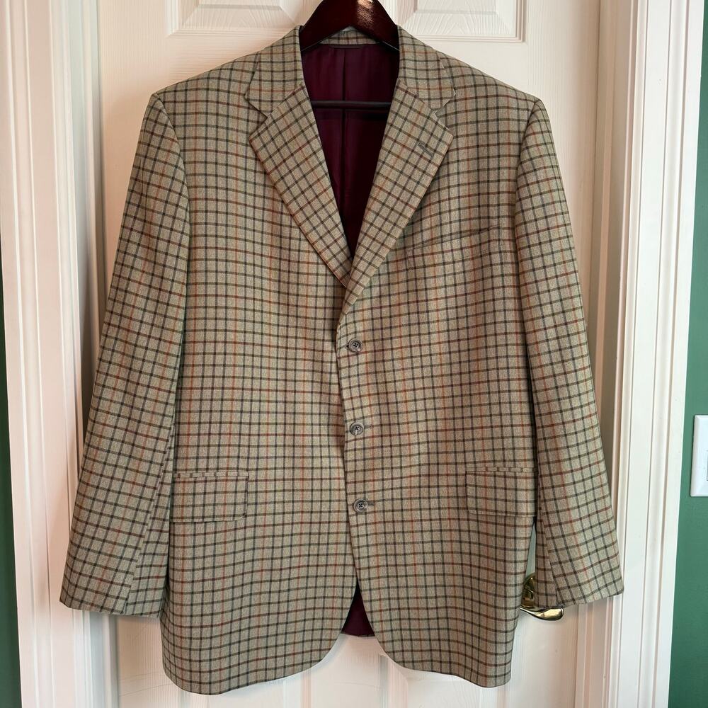 Holland & Sherry Bespoke Blazer Tan Check Window Pane Luxe EUC 48 Wool